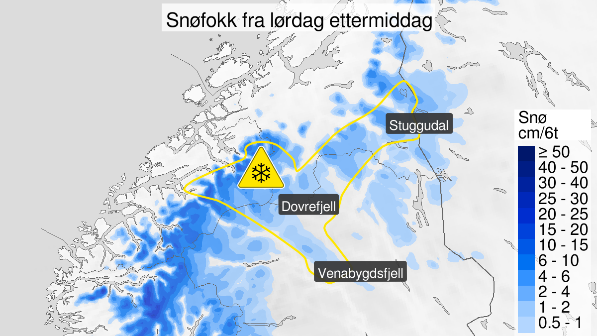 Map over Blowing snow, yellow level, Northern parts of the mountain areas in Southern Norway, 2023-10-14T12:00:00+00:00, 2023-10-15T05:00:00+00:00