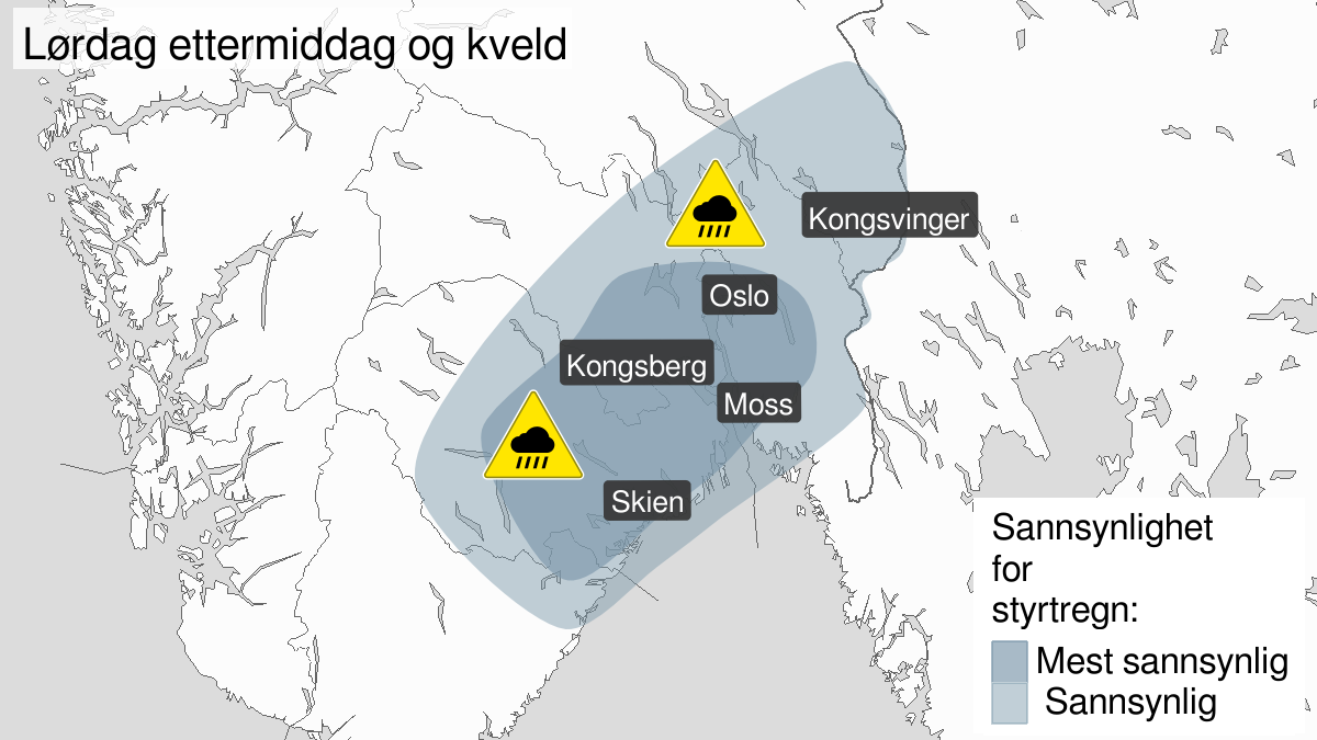 Kart over Styrtregn, gult nivå, Deler av Østlandet, 2023-07-22T12:00:00+00:00, 2023-07-22T21:00:00+00:00