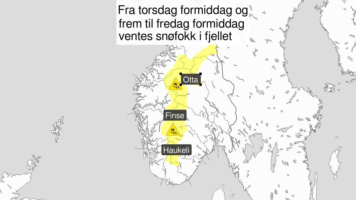Kraftig snøfokk, gult nivå, Fjellet i Sør-Norge, 19 December 10:00 UTC til 20 December 10:00 UTC.