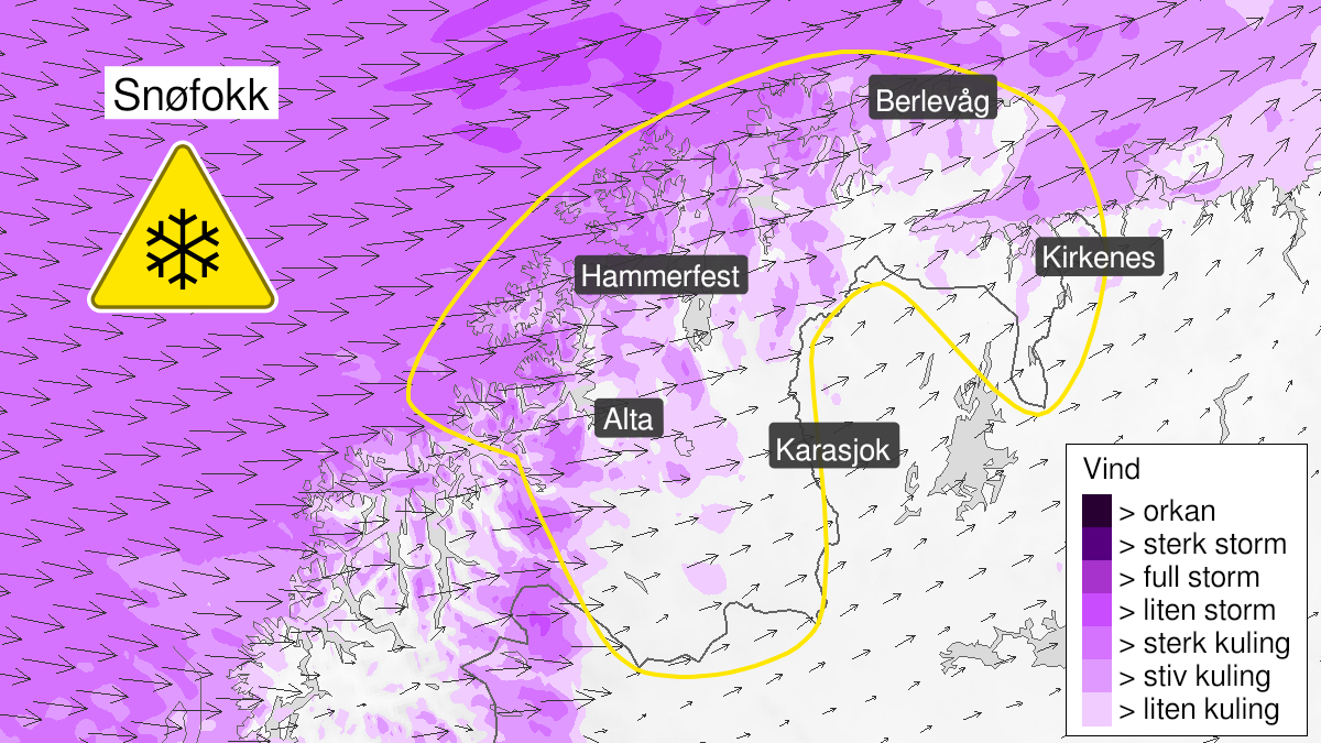 Kart over kraftig snøfokk, gult nivå, Finnmark, 24 January 07:00 UTC til 26 January 02:00 UTC.
