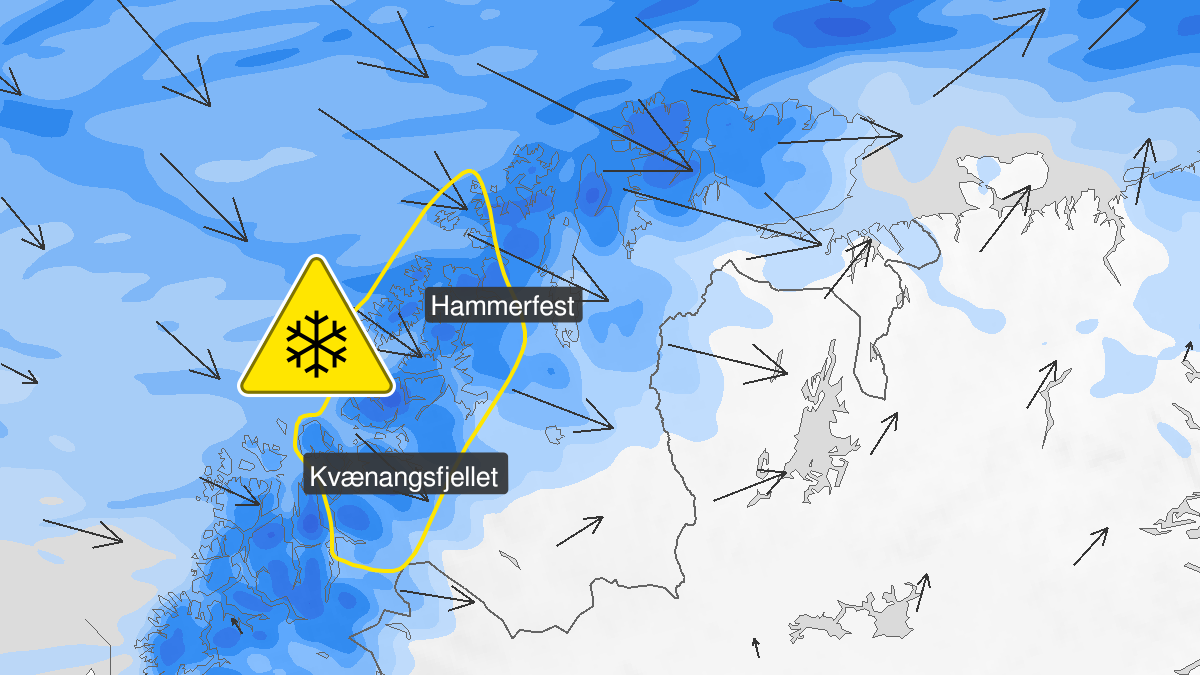 Map over Blowing snow, yellow level, West-Finnmark and parts of North-Troms, 2023-11-16T23:00:00+00:00, 2023-11-17T09:00:00+00:00