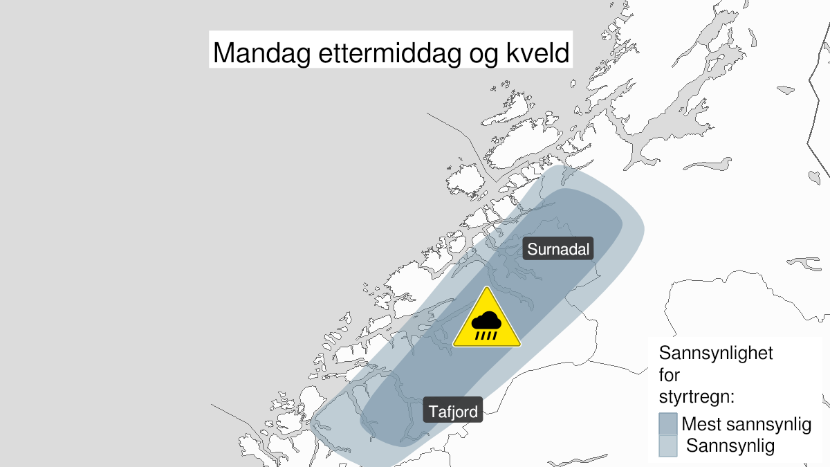 Map over Downgraded alert warning for rain flood, Parts of Møre and Romsdal and south of Trøndelag.