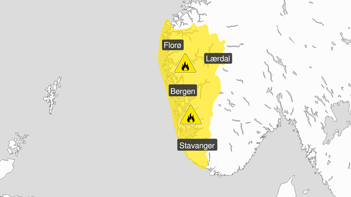 Kart over Skogbrannfare, gult nivå, Vestland, 2024-05-03T07:30:00+00:00, 2024-05-06T18:00:00+00:00