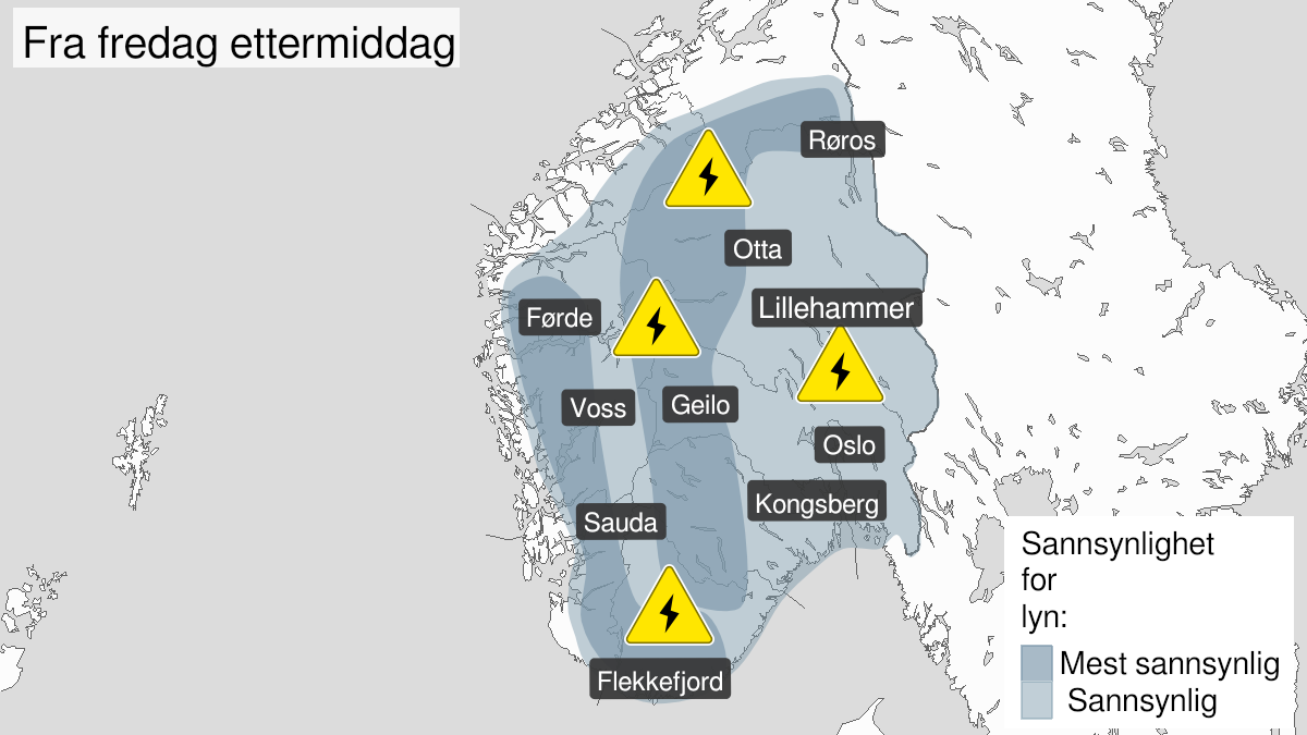 Kart over Mye lyn, gult nivå, Deler av Sør-Norge, 2023-06-16T11:00:00+00:00, 2023-06-16T19:00:00+00:00