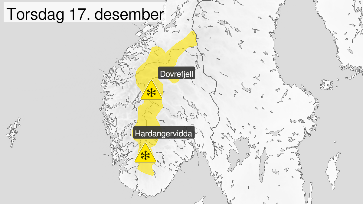 Map of blowing snow, yellow level, Fjellet i Soer-Norge, 17 December 03:00 UTC to 17 December 14:00 UTC.