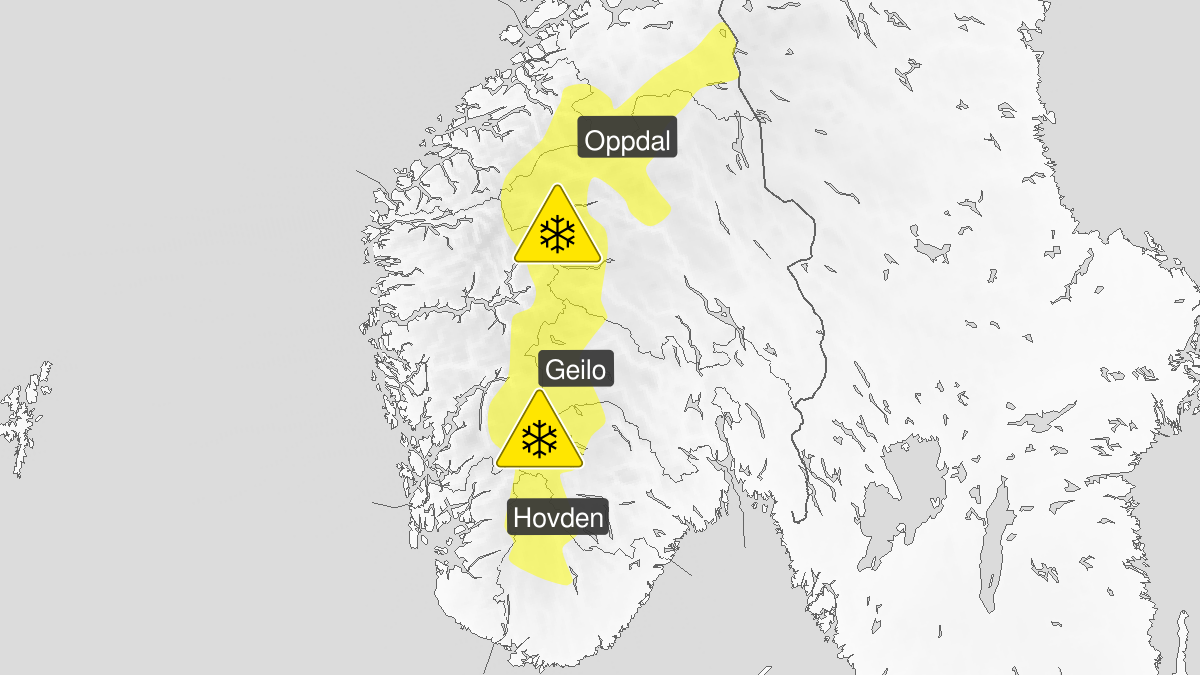 Kart over kraftig snøfokk pågår, gult nivå, Fjellet i Sør-Norge, 18 March 06:00 UTC til 19 March 12:00 UTC.