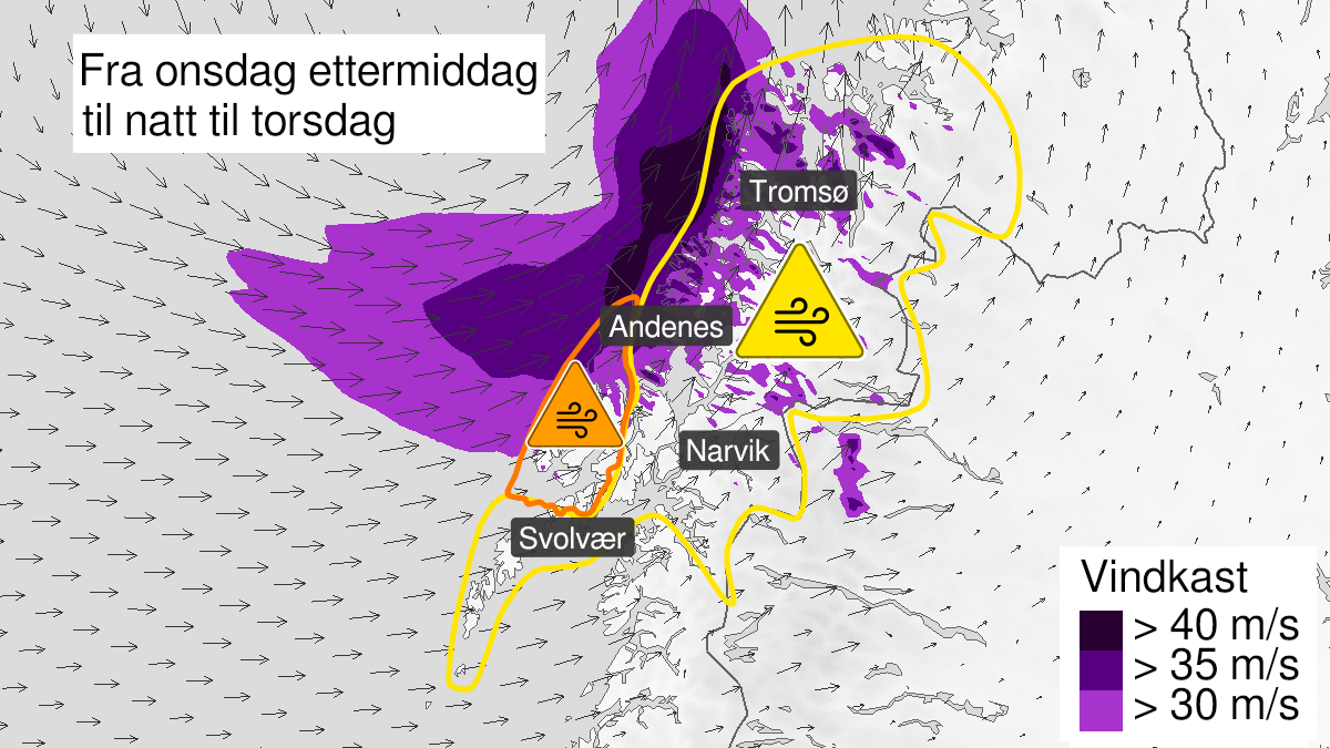 Kart over kraftige vindkast, gult nivå, Troms, 23 September 17:00 UTC til 24 September 04:00 UTC.