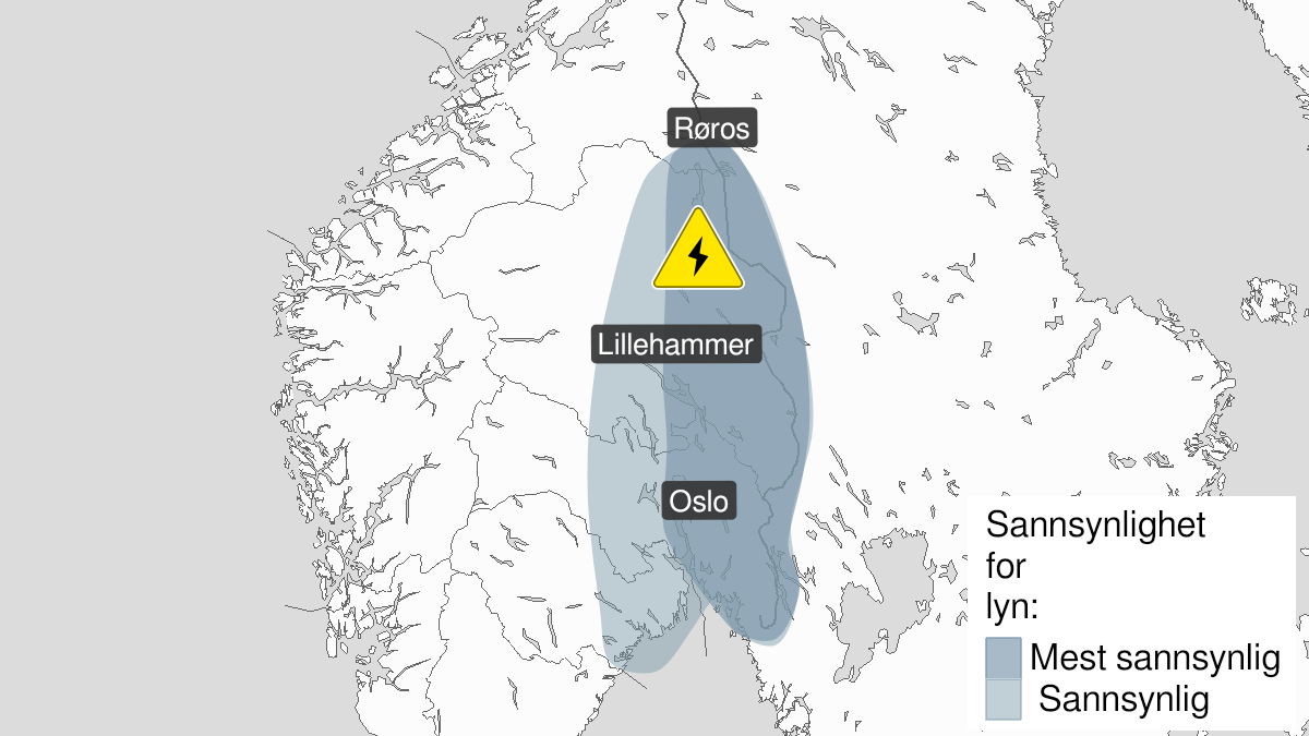 Kart over Mye lyn pågår, gult nivå, Deler av Østlandet, 2023-08-07T09:40:00+00:00, 2023-08-08T00:00:00+00:00