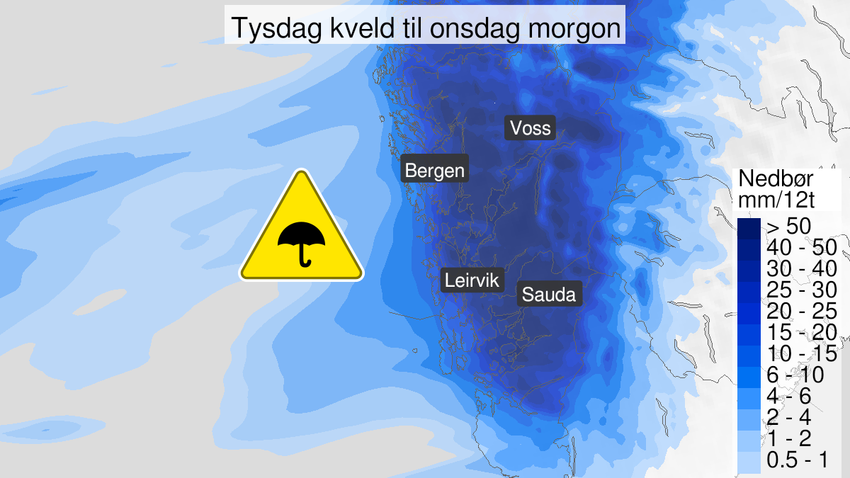 Map of heavy rain, yellow level, Nord-Rogaland and Hordaland, 14 December 16:00 UTC to 15 December 07:00 UTC.
