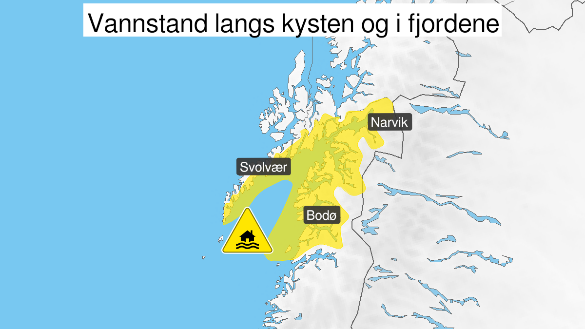 Map over High water level, yellow level, Vestfjorden, 2024-01-27T11:00:00+00:00, 2024-01-27T15:00:00+00:00
