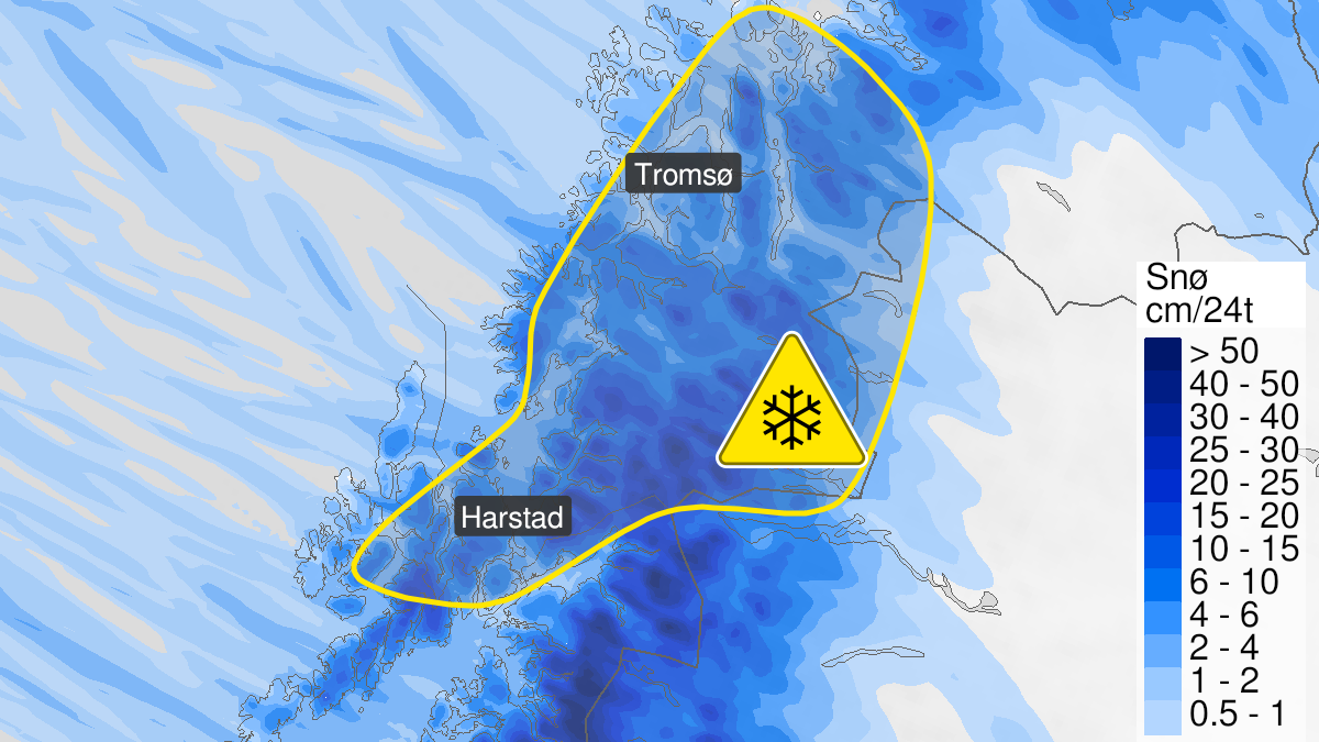 Kart over snø, gult nivå, Vesterålen og Troms, 12 January 10:00 UTC til 14 January 23:00 UTC.
