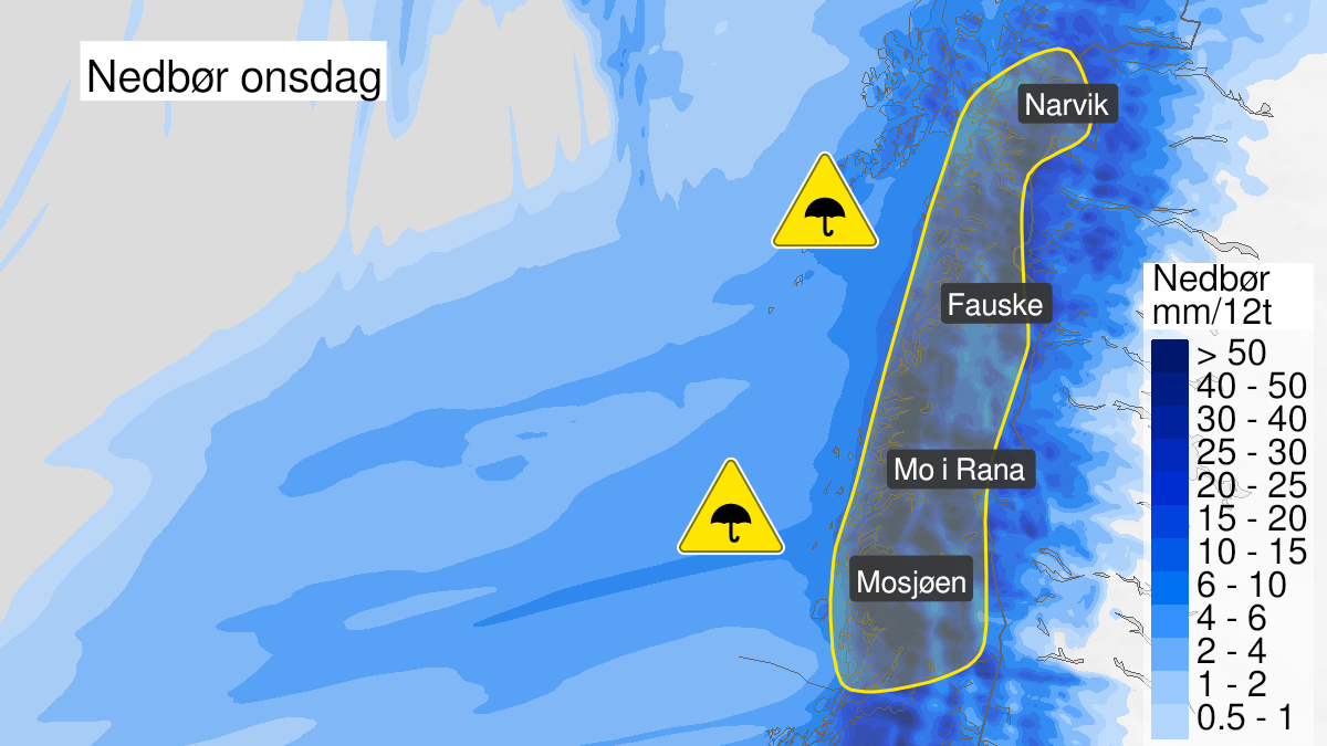 Map of heavy rain, yellow level, Helgeland, Saltfjellet, Salten and Ofoten, 23 March 05:00 UTC to 23 March 23:00 UTC.