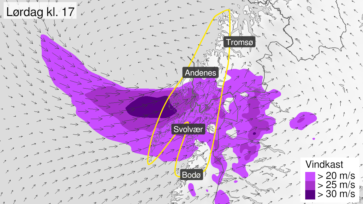 Map over Strong wind gusts, yellow level, Parts of Nordland and Troms, 2024-08-24T09:00:00+00:00, 2024-08-24T22:00:00+00:00