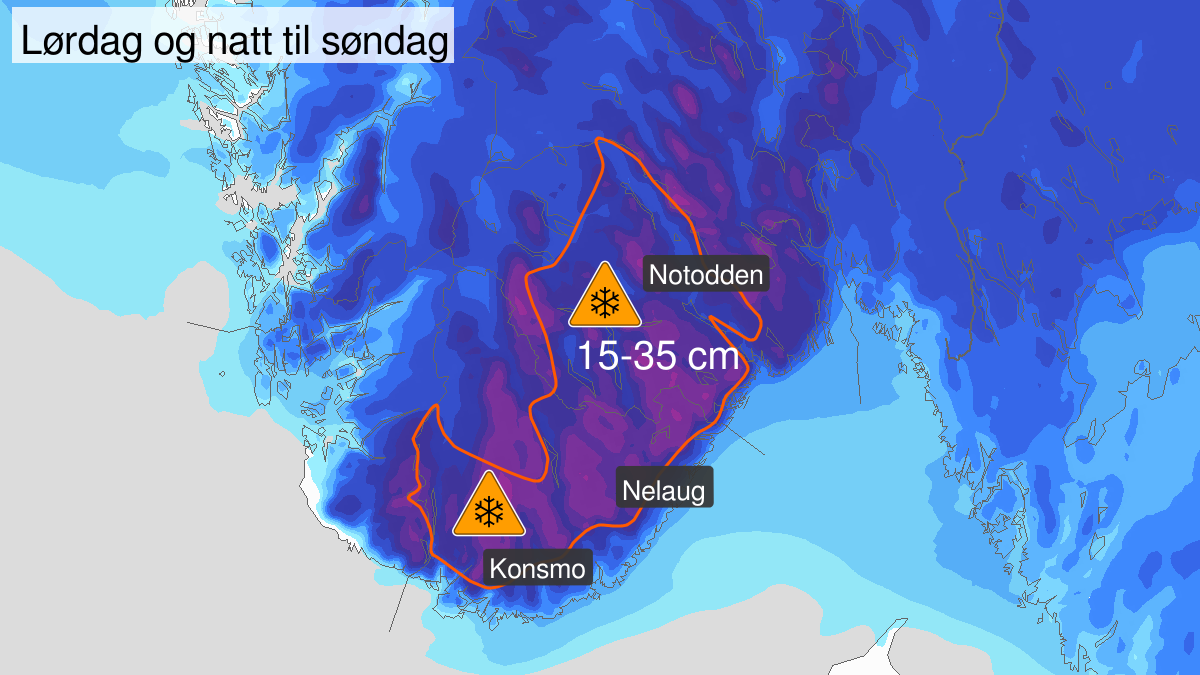 Svært mye snø, oransje nivå, Telemark og Agder, 29 February 06:00 UTC til 01 March 10:00 UTC.