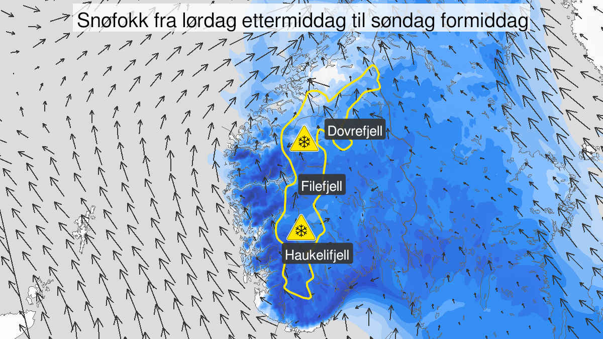 Kart over Kraftig snøfokk, gult nivå, Fjellet i Sør-Norge, 2023-01-07T12:00:00+00:00, 2023-01-08T09:00:00+00:00