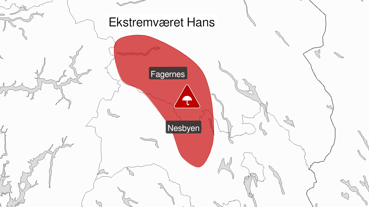 Kart over Ekstremt mye regn, rødt nivå, Deler av Innlandet og Viken, 2023-08-07T06:00:00+00:00, 2023-08-09T16:00:00+00:00