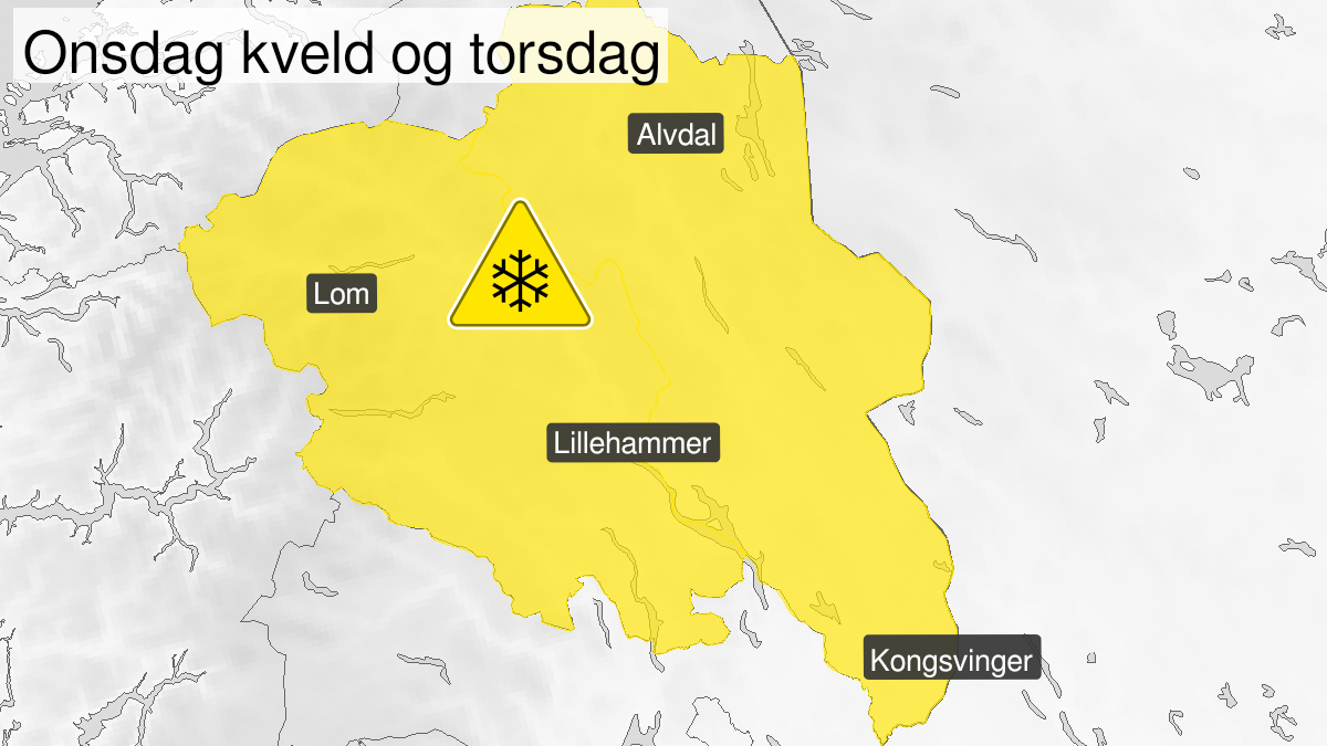 Map of snow, yellow level, Innlandet fylke, 10 March 18:00 UTC to 11 March 18:00 UTC.