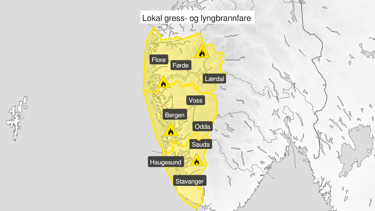 Kart over skogbrannfare, gult nivå, Vestlandet sør for Stad, 05 June 00:00 UTC til 09 June 22:00 UTC.