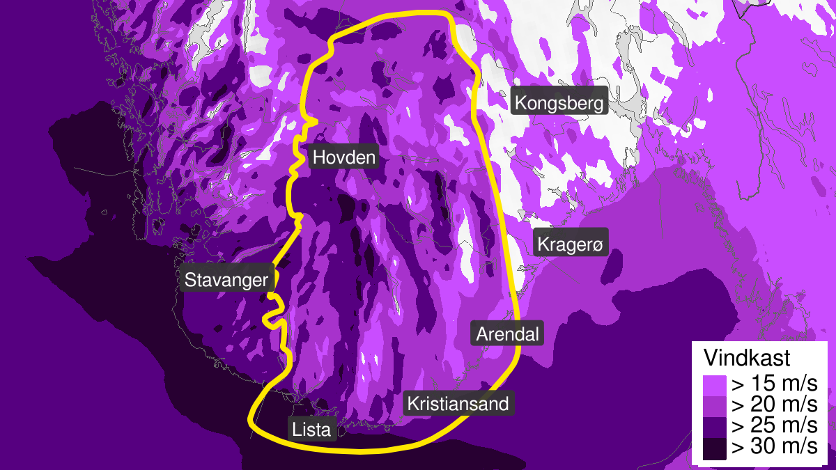 Kart over Kraftige vindkast, gult nivå, Agder og deler av Telemark, 2023-10-14T06:00:00+00:00, 2023-10-14T20:00:00+00:00