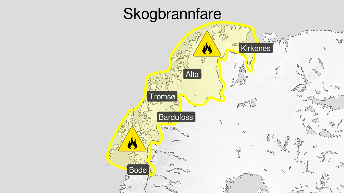 Kart over Skogbrannfare, gult nivå, Nordlige Nordland, Troms og Finnmark , 2023-07-12T06:00:00+00:00, 2023-07-15T18:00:00+00:00
