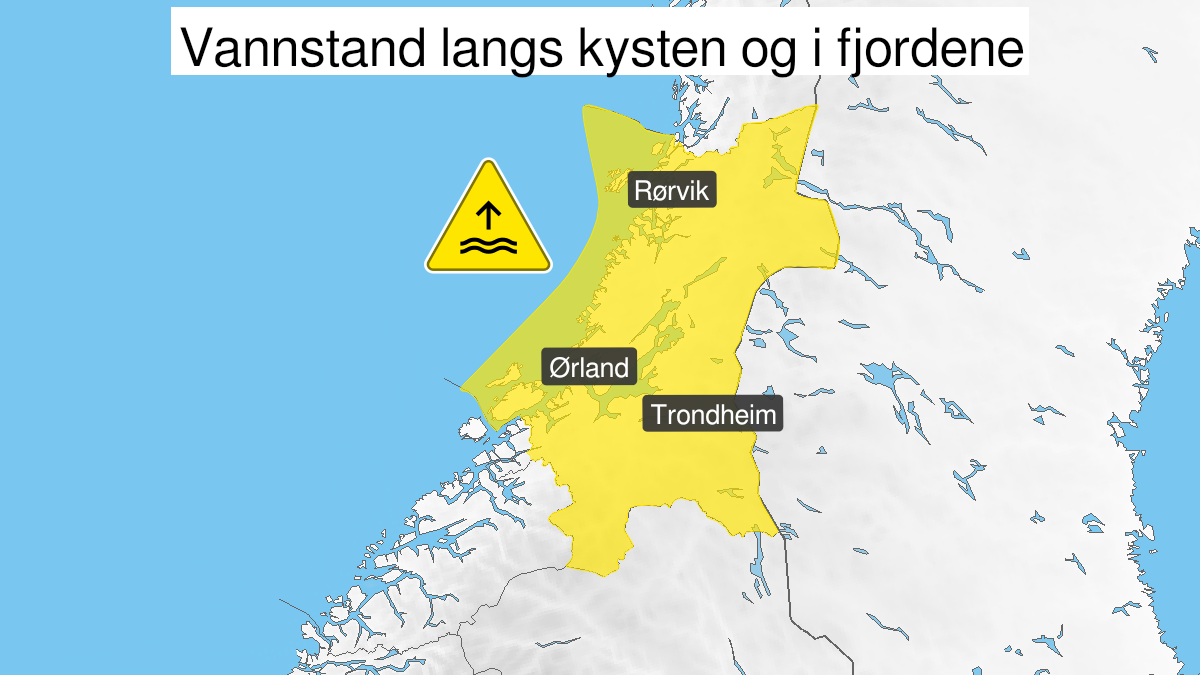 Kart over høy vannstand, gult nivå, Trøndelag, 16 November 22:00 UTC til 17 November 13:00 UTC.