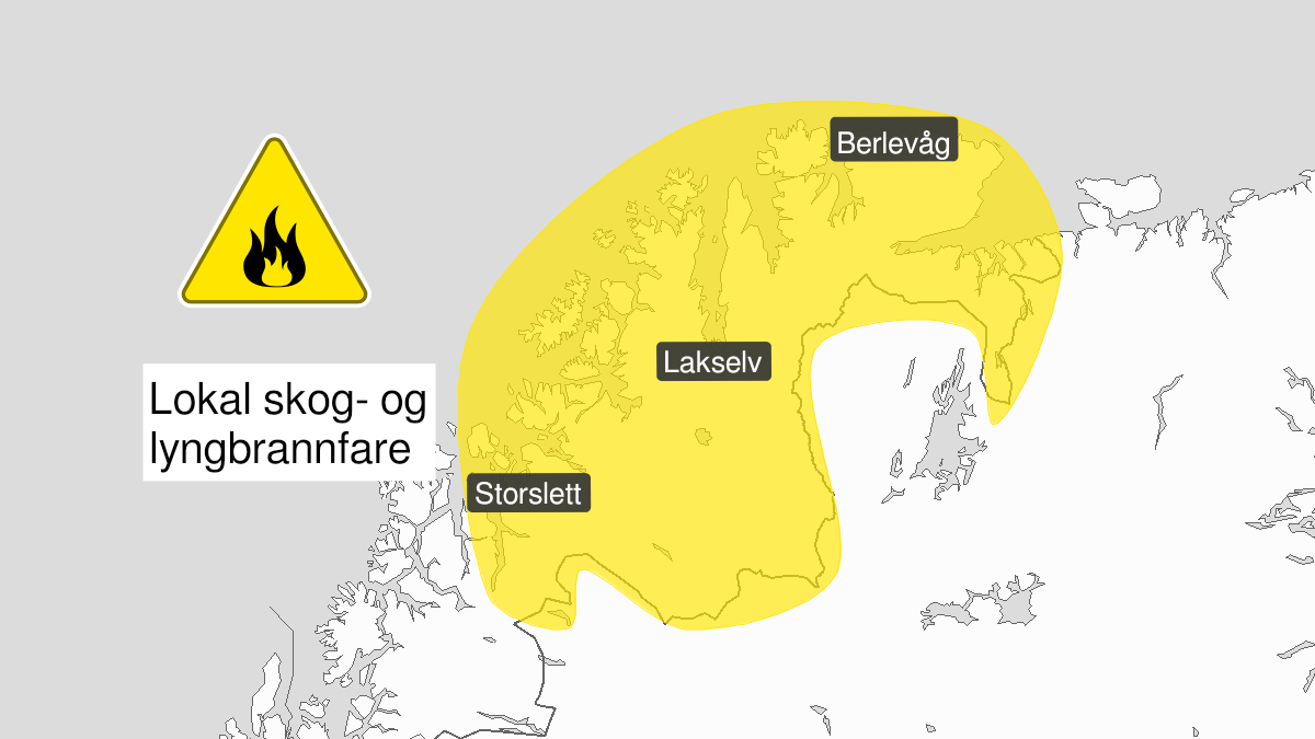 Kart over Skogbrannfare, gult nivå, Troms øst for Lyngsalpan og Finnmark, 2023-07-15T22:00:00+00:00, 2023-07-17T22:00:00+00:00