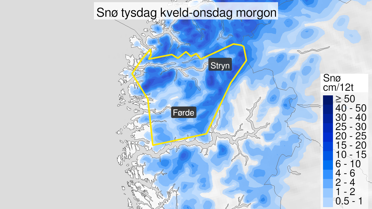 Kart over Snø, gult nivå, Deler av Vestland, 2023-05-16T19:00:00+00:00, 2023-05-17T06:00:00+00:00