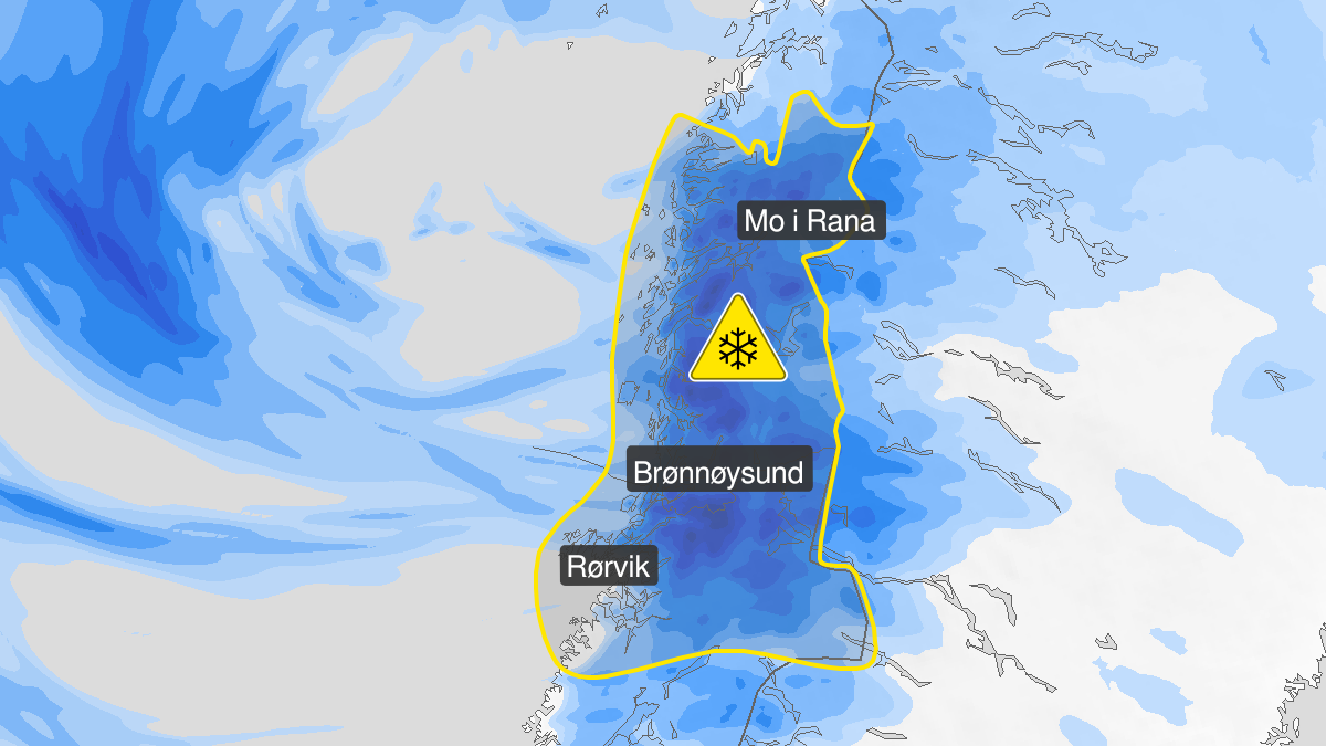 Map over Blowing snow, yellow level, Parts of North-Troendelag and Helgeland and Saltfjellet, 2022-12-18T11:00:00+00:00, 2022-12-18T22:59:00+00:00