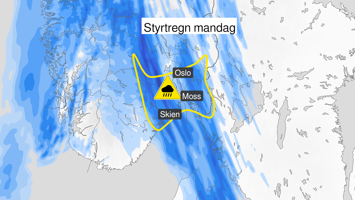 Kart over Styrtregn pågår, gult nivå, Deler av Østlandet, 2024-09-09T08:15:00+00:00, 2024-09-09T11:45:00+00:00