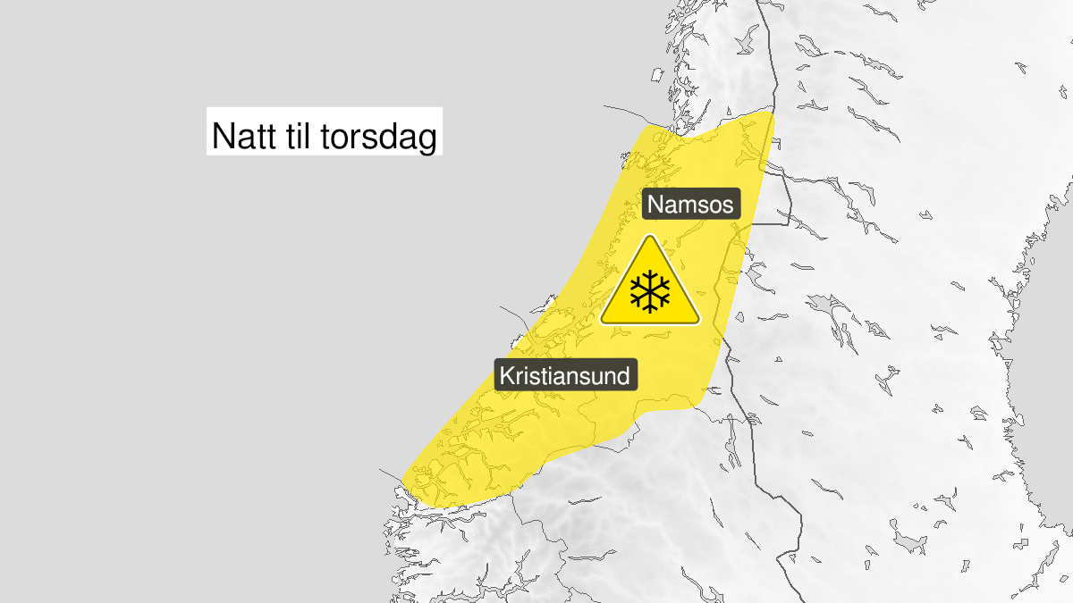 Kart over snø, gult nivå, Møre og Romsdal og Trøndelag, 27 April 19:00 UTC til 28 April 06:00 UTC.