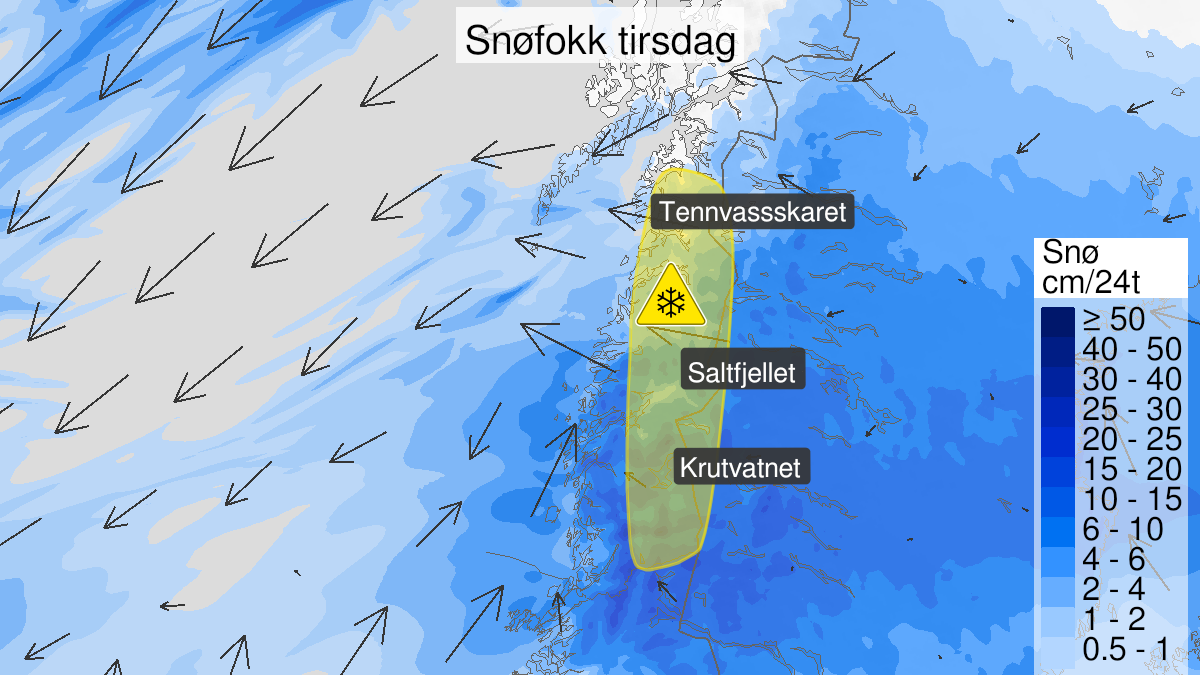 Kart over Kraftig snøfokk, gult nivå, Fjelloverganger i indre strøk av Nordland, 2022-12-20T03:00:00+00:00, 2022-12-20T20:00:00+00:00