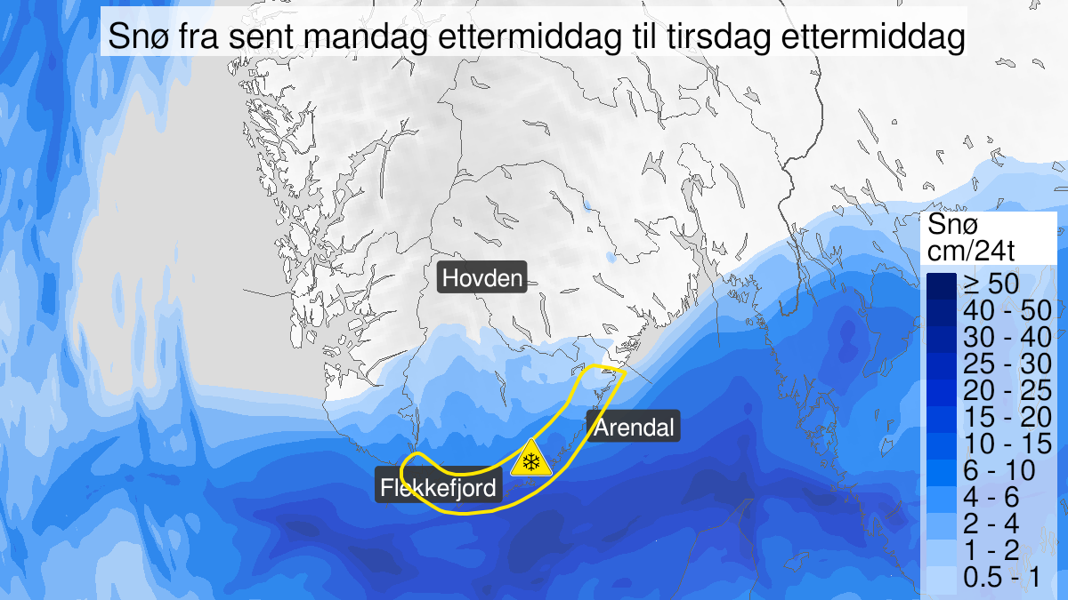Map over Downgraded alert warning for snow, Agder