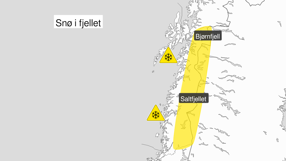 Kart over Snø, gult nivå, Fjellet i Nordland, 2022-06-04T21:00:00+00:00, 2022-06-06T03:00:00+00:00