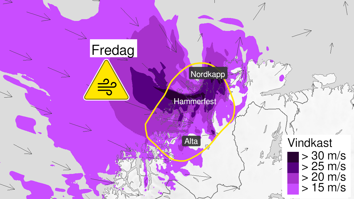 Kart over kraftige vindkast, gult nivå, Kyst- og fjordstrøkene i Vest-Finnmark, 11 February 03:00 UTC til 11 February 20:00 UTC.