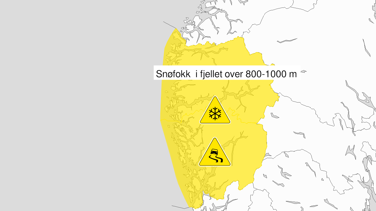 Map of blowing snow, yellow level, Vestland fylke, 26 March 09:00 UTC to 27 March 04:00 UTC.