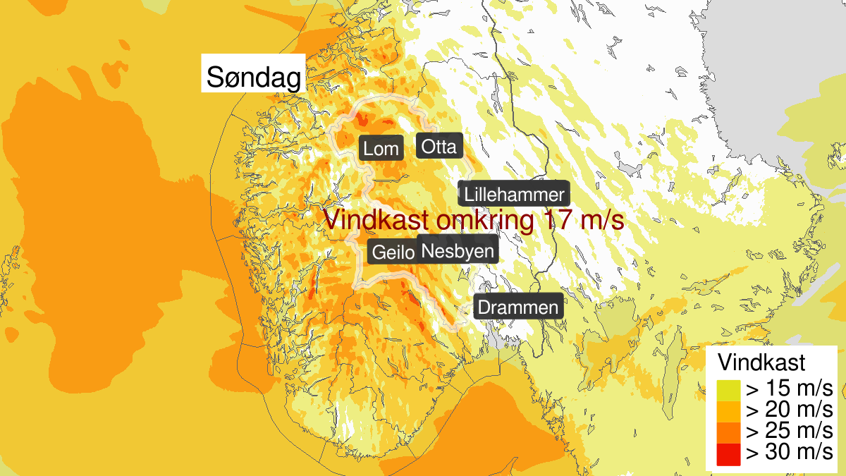 Strong wind gusts, yellow level, Buskerud and Oppland, 15 September 08:00 UTC to 15 September 20:00 UTC.