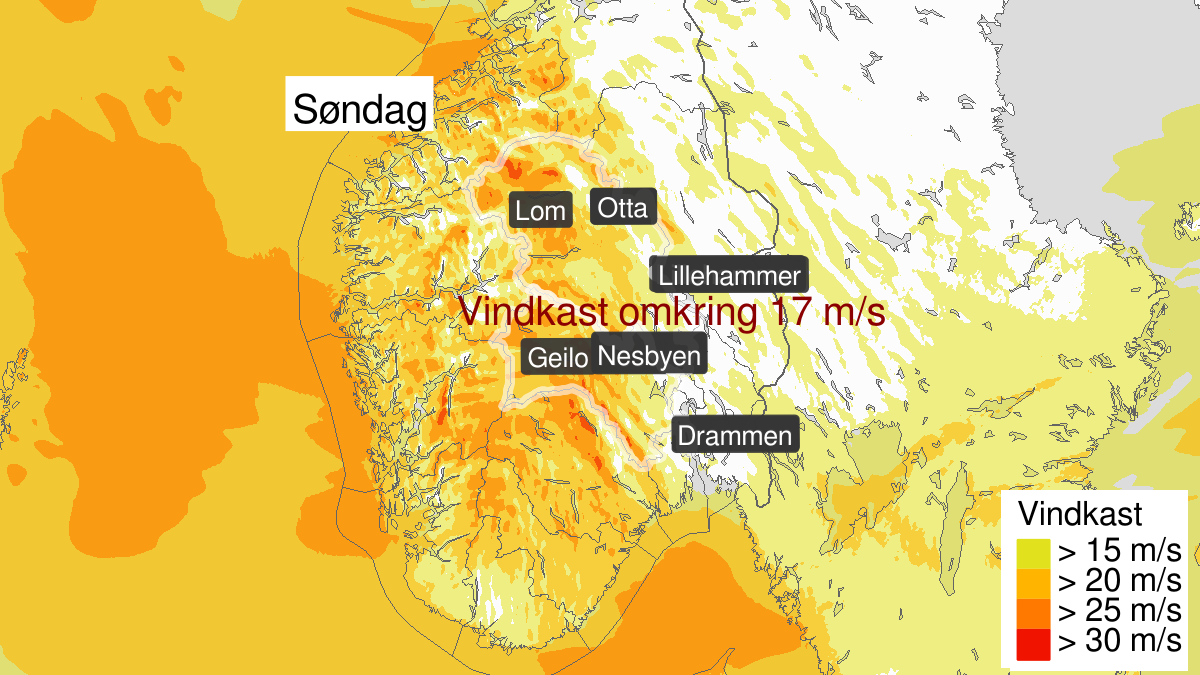 Kraftige vindkast, gult nivå, Buskerud og Oppland, 15 September 08:00 UTC til 15 September 20:00 UTC.