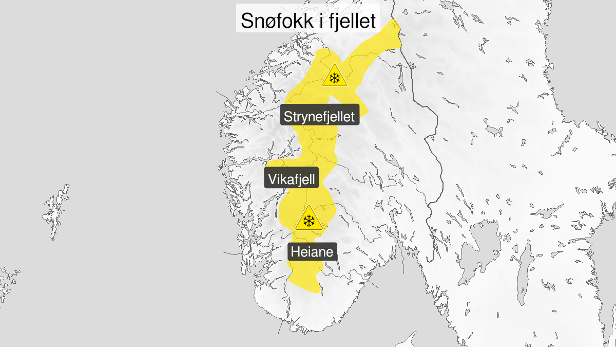Map over Downgraded alert warning for blowing snow, Mountains in southern Norway