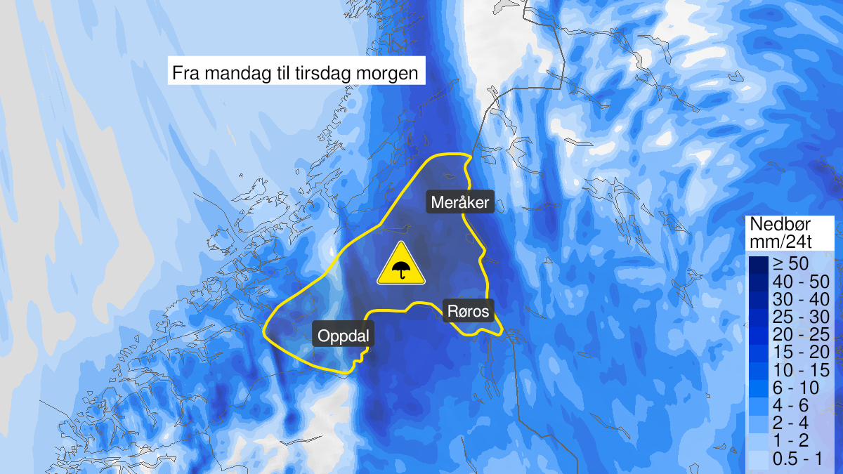 Kart over Mye regn, gult nivå, Deler av Sør-Trøndelag og Nordmøre, 2024-06-10T00:00:00+00:00, 2024-06-11T09:00:00+00:00