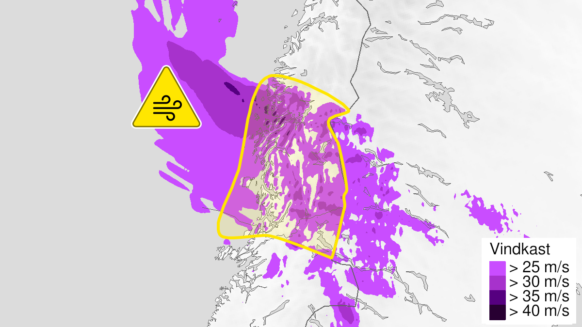 Kart over Kraftige vindkast, gult nivå, Helgeland, 2023-12-19T06:00:00+00:00, 2023-12-19T15:00:00+00:00