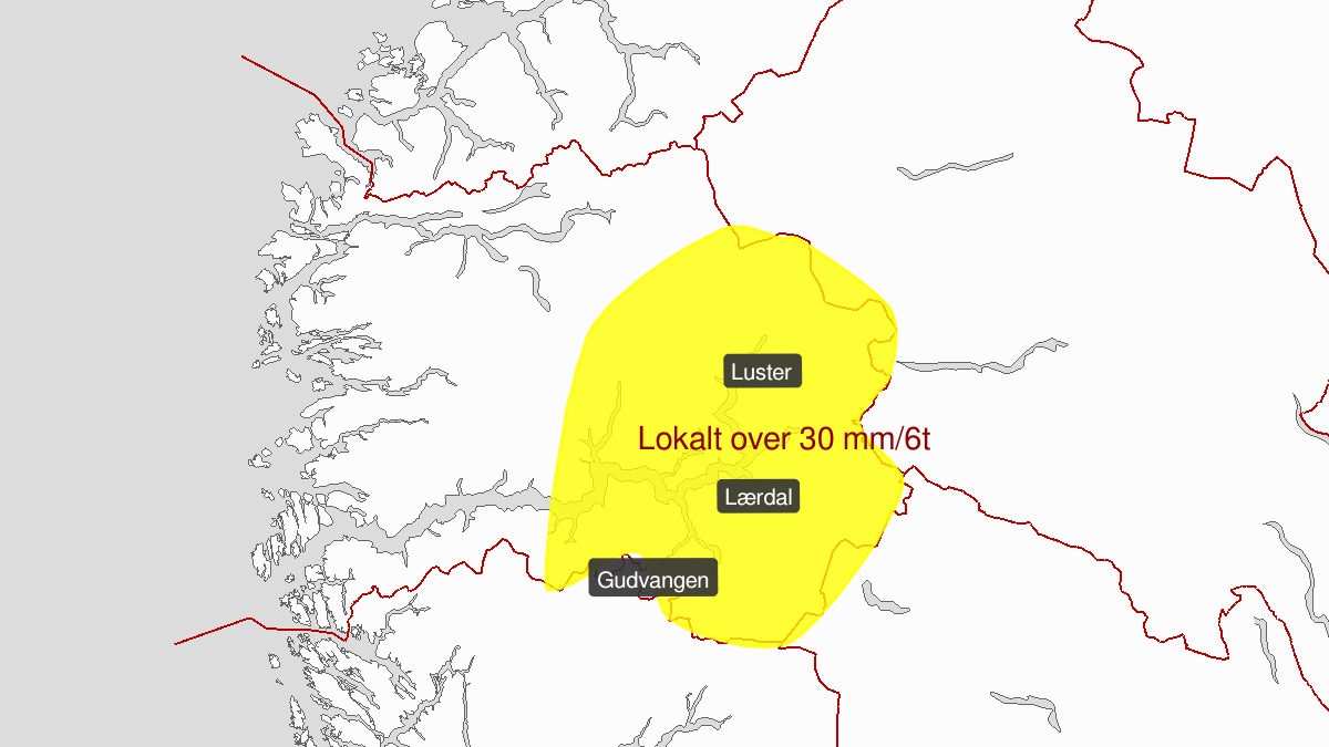 Heavy rain, yellow level, Sogn og Fjordane, 12 August 12:00 UTC to 12 August 18:00 UTC.