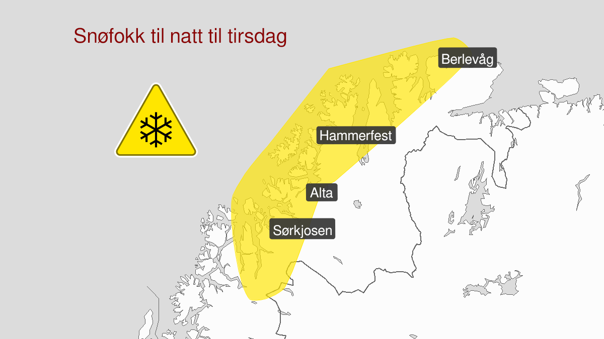 Kart over Kraftig snøfokk, gult nivå, Deler av Nord-Troms og Finnmark, 2024-01-21T18:00:00+00:00, 2024-01-23T00:00:00+00:00