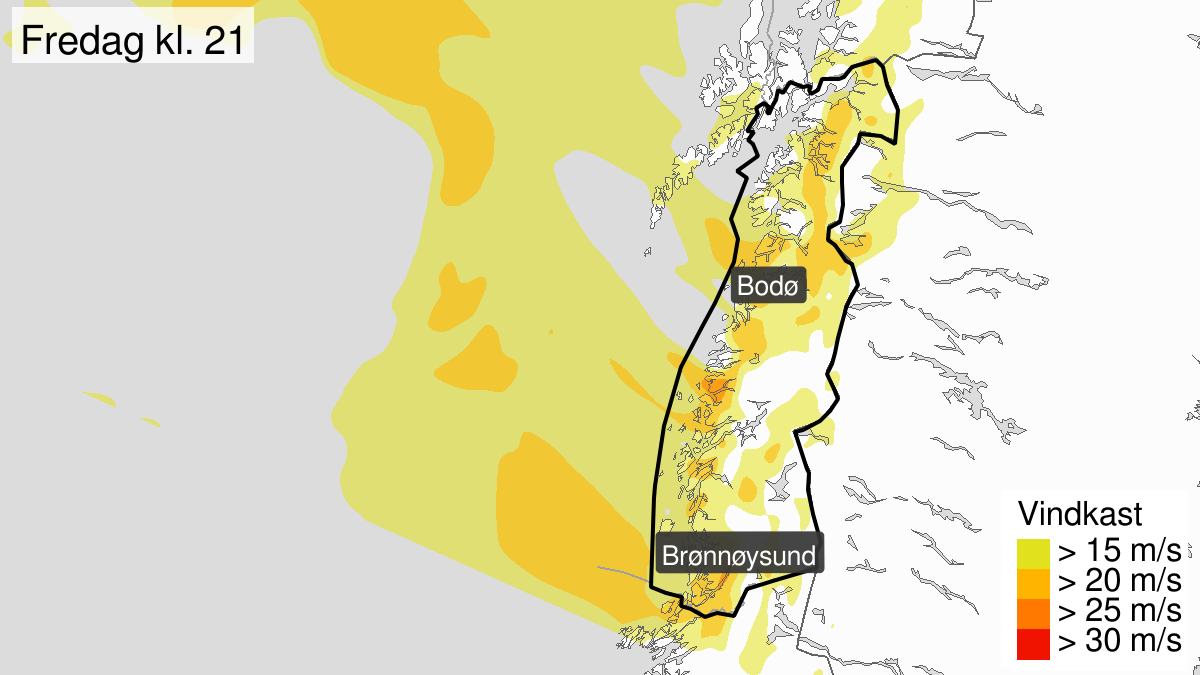Normale vindkast, grønt nivå, Helgeland, Saltfjellet, Salten og Ofoten, 25 January 00:00 UTC til 26 January 11:00 UTC.
