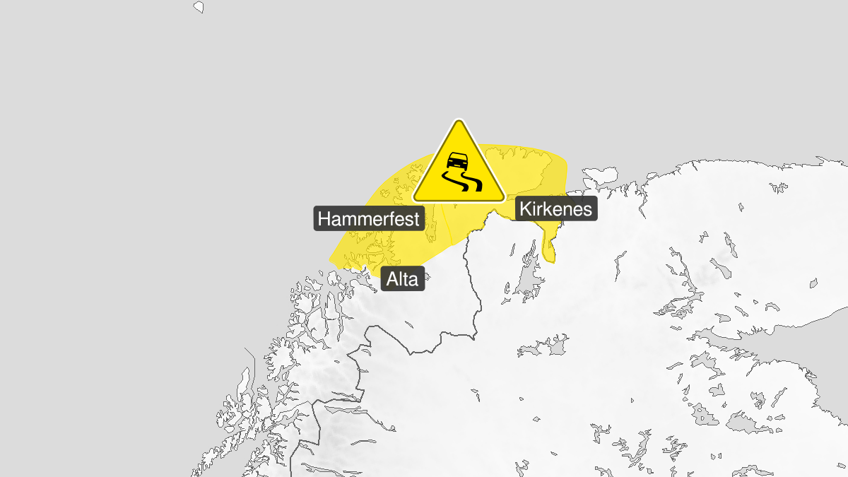 Map of ice, yellow level, Kyst- and fjordstroekene i Finnmark, 22 January 20:00 UTC to 23 January 02:00 UTC.
