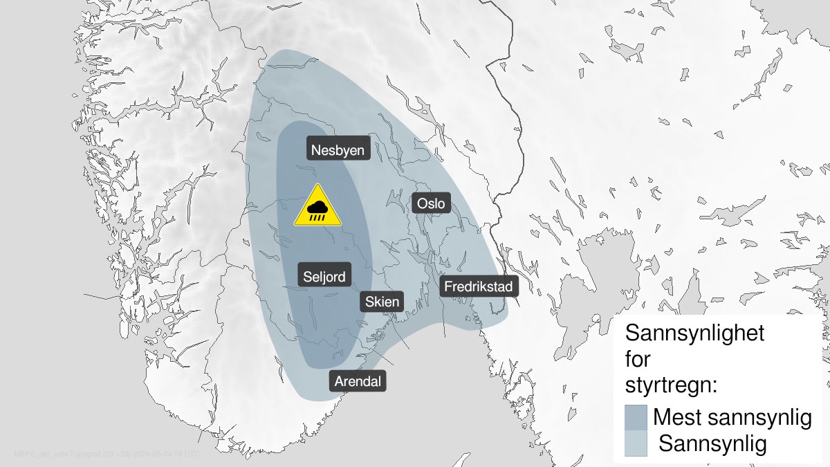 Kart over Styrtregn, gult nivå, Deler av Østlandet, 2024-08-04T12:00:00+00:00, 2024-08-04T21:00:00+00:00