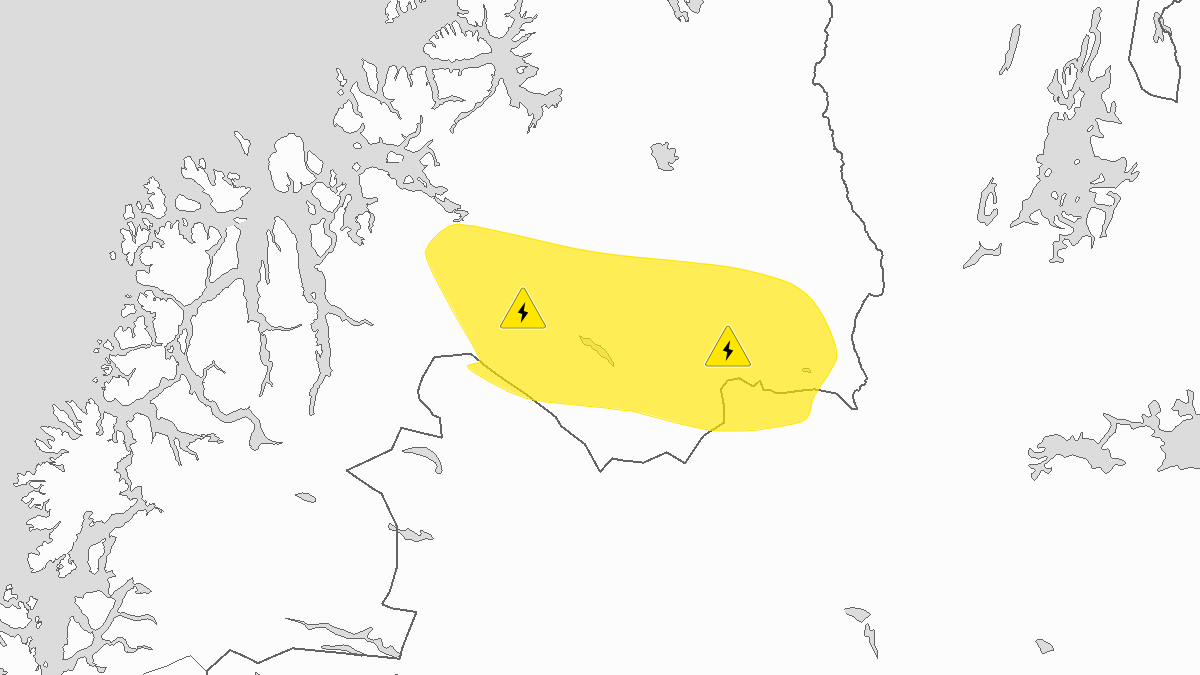 Kart over Mye lyn pågår, gult nivå, Sørlige deler av Finnmarksvidda, 2023-07-15T16:02:00+00:00, 2023-07-15T19:15:00+00:00