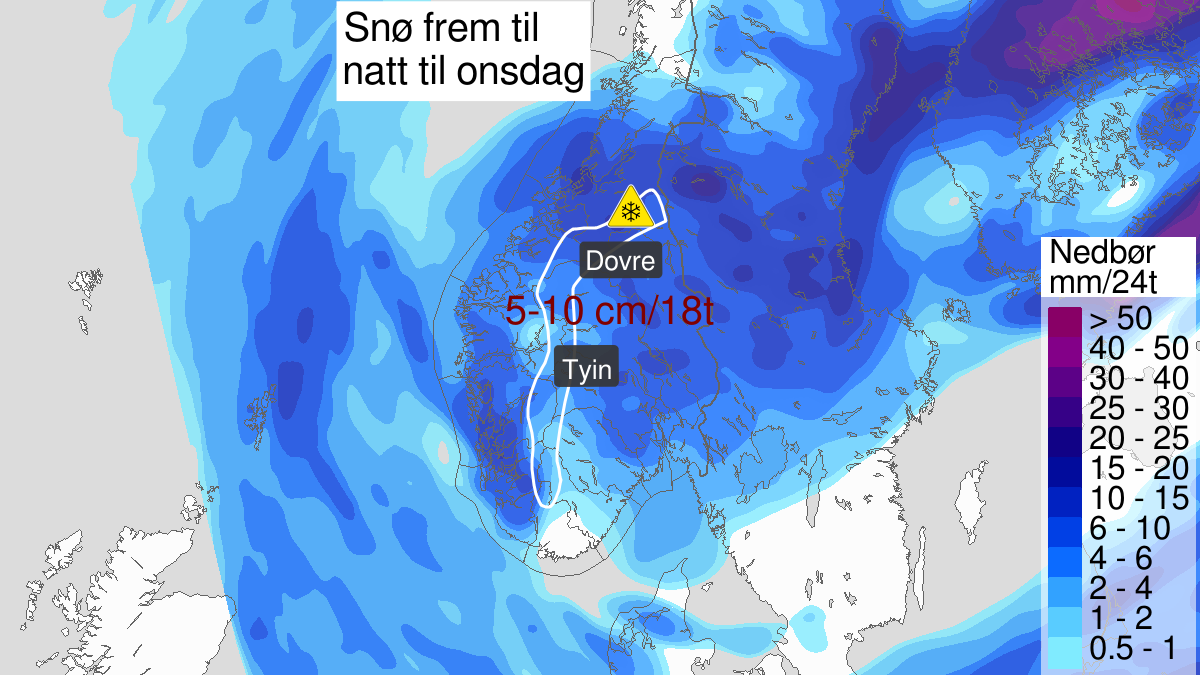 Heavy snow, yellow level, Fjellet i Soer-Norge, 01 October 12:00 UTC to 02 October 04:00 UTC.