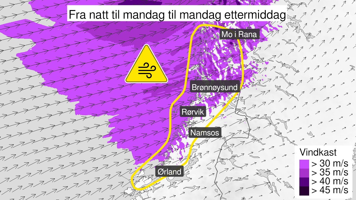 Kart over Kraftige vindkast, gult nivå, Helgeland og deler av Trøndelag, 2024-01-29T00:00:00+00:00, 2024-01-29T19:00:00+00:00