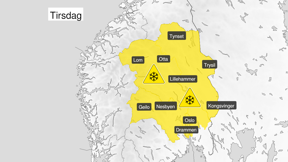 Kart over snø, gult nivå, Buskerud, Oslo, Akershus, Oppland og Hedmark, 19 October 01:00 UTC til 19 October 15:00 UTC.