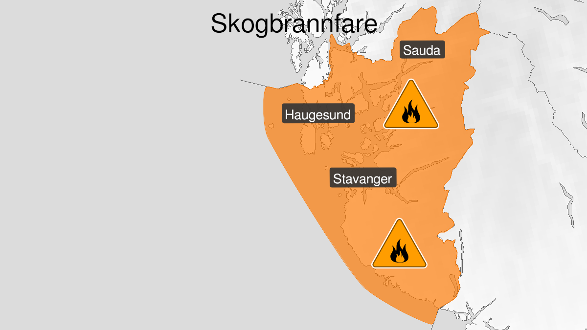 Map of high forest fire danger, orange level, Rogaland, 01 May 13:00 UTC to 06 May 09:00 UTC.